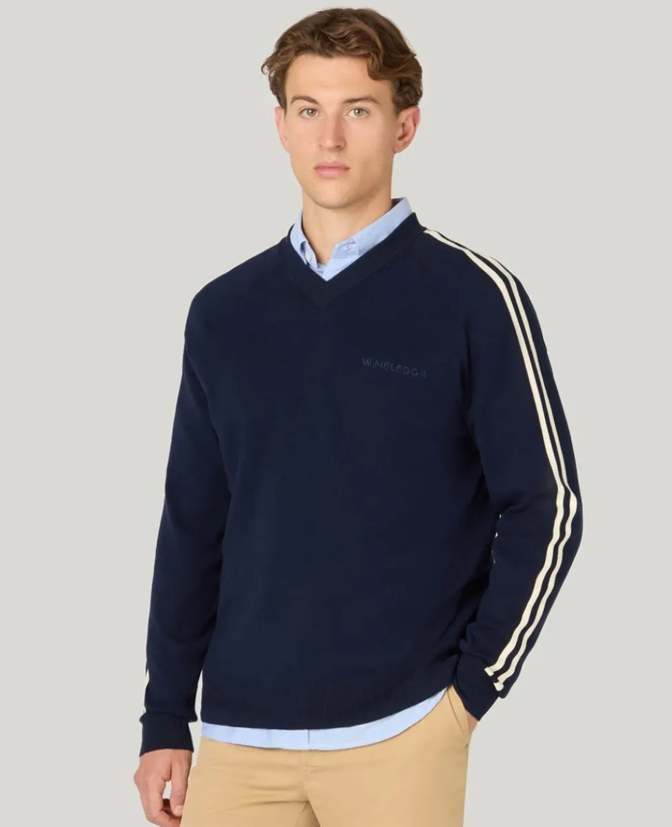 Wimbledon Knitwear-Contrast Stripe V-Neck Sweater in Navy