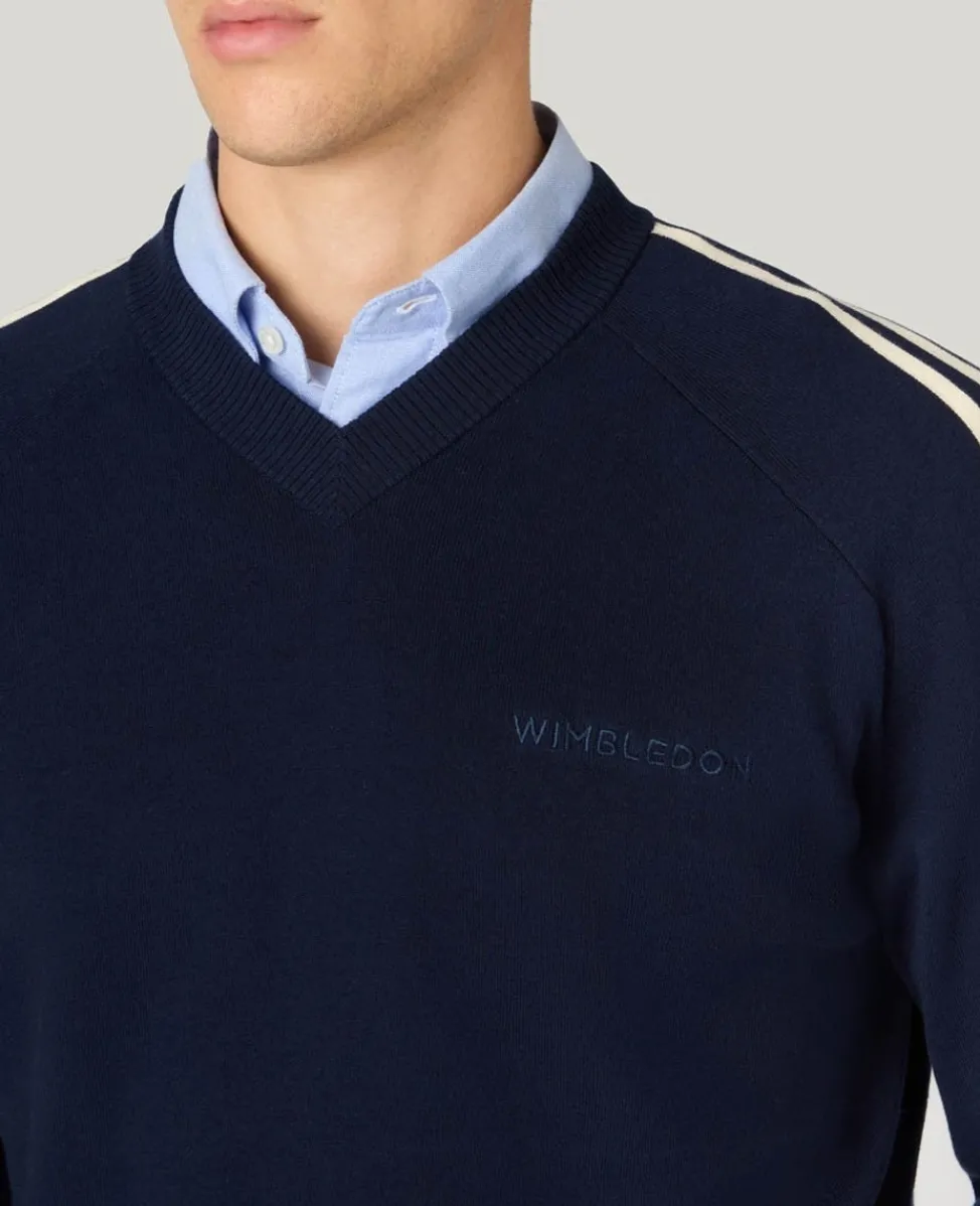 Wimbledon Knitwear-Contrast Stripe V-Neck Sweater in Navy