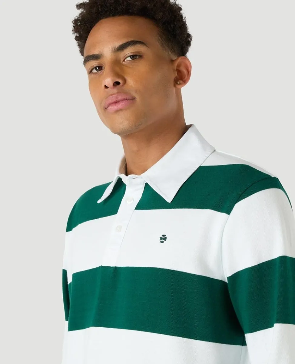 Wimbledon Polo Shirts-Mens Long Sleeve Rugby Polo - White & Green